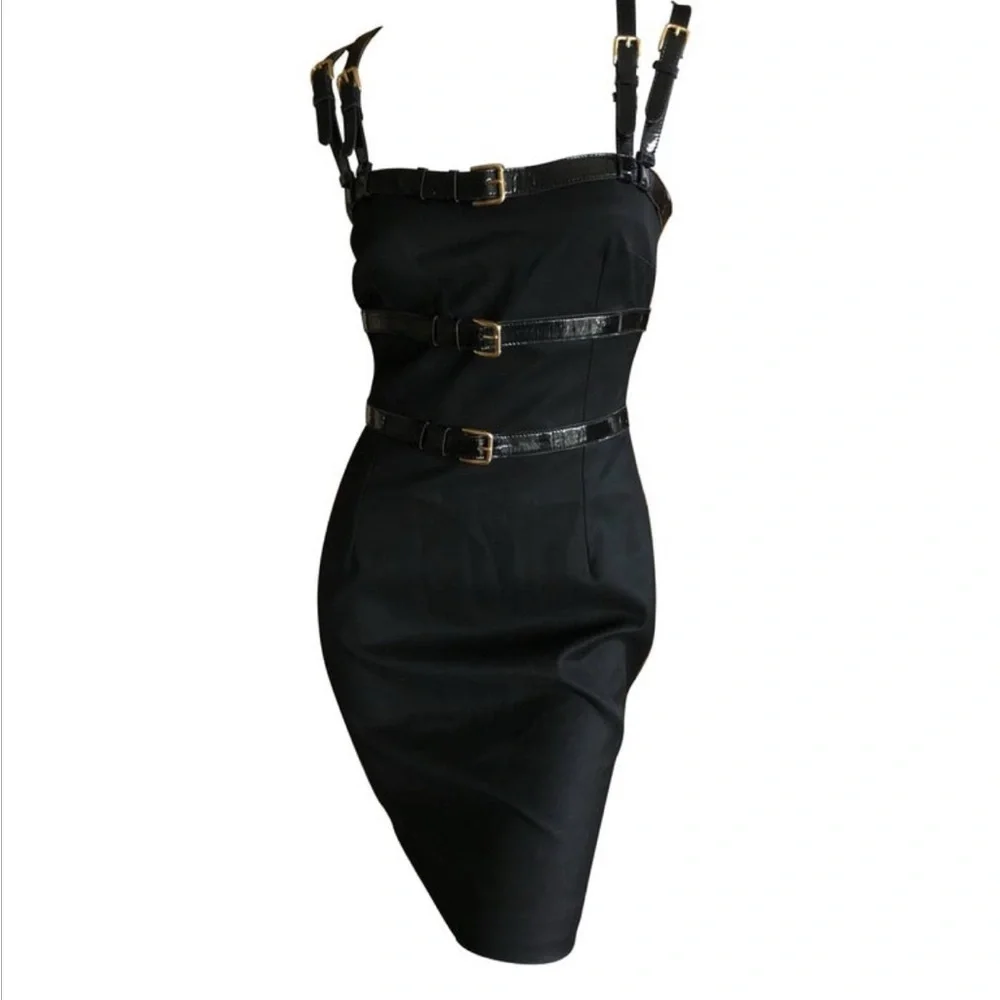 DOLCE & GABBANA Black Patent Buckle Strap Bondage Sexy Mini Dress 38 US 2 FLAWED - Picture 1 of 13